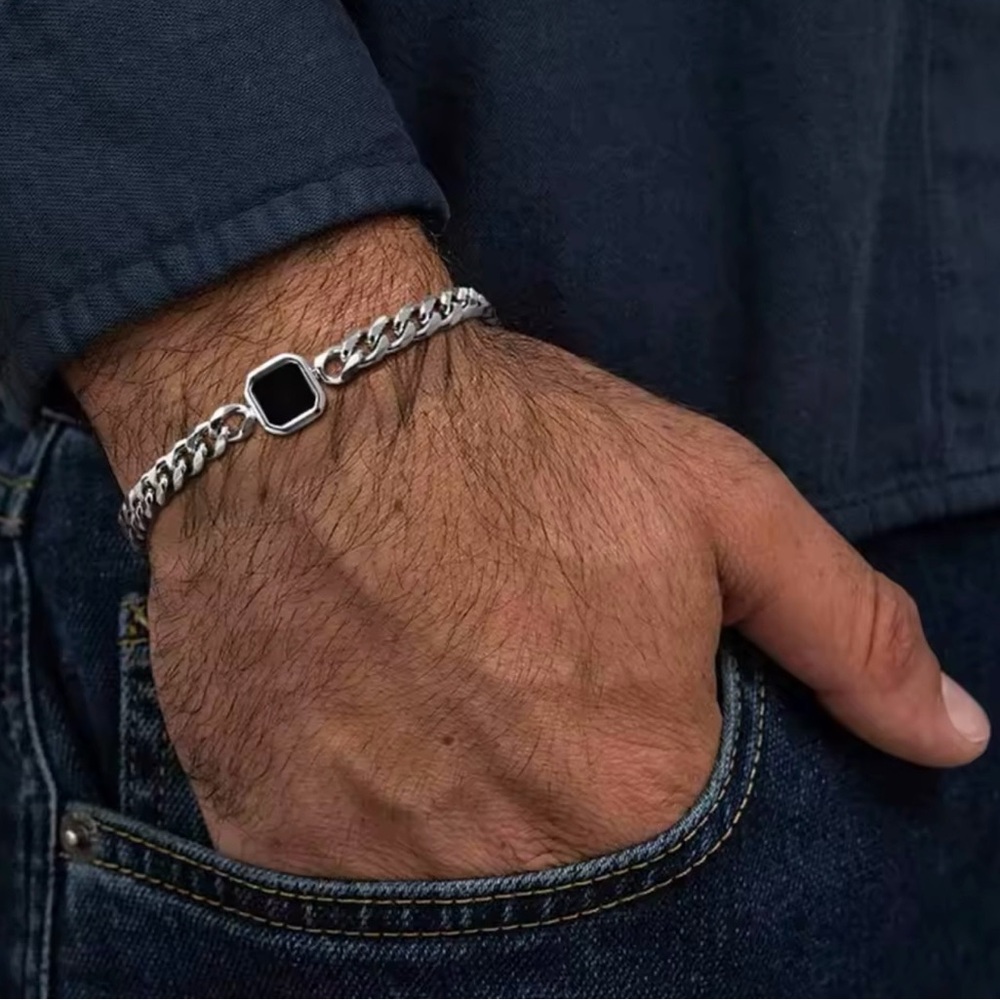 Men’s Gold Chain Bracelet with Black square stone Black onyx - Picture 7 of 7